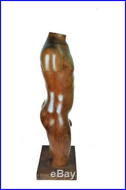 Louis Féron, Male Torso, Carved Wood Sculpture, 1990