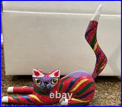 Luis Sosa CalvoHand Carved Wooden Cat Made In Mexico Colorful Abstract