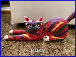 Luis Sosa CalvoHand Carved Wooden Cat Made In Mexico Colorful Abstract