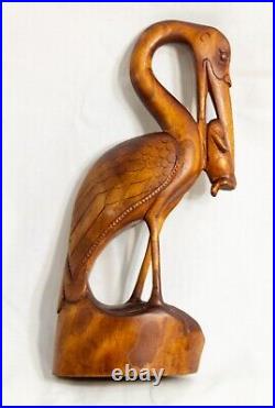 MCM Carved Wood Heron Stork Eating Frog Shore Bird Figurine Sculpture