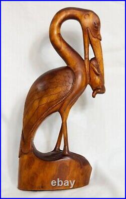 MCM Carved Wood Heron Stork Eating Frog Shore Bird Figurine Sculpture
