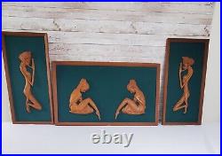 MCM Carved Wood Nude Women Wall Sculpture 3 Piece Grouping 3D Framed Art Vintage