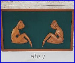 MCM Carved Wood Nude Women Wall Sculpture 3 Piece Grouping 3D Framed Art Vintage