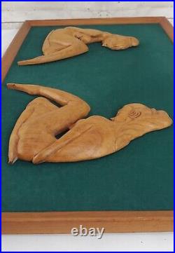 MCM Carved Wood Nude Women Wall Sculpture 3 Piece Grouping 3D Framed Art Vintage