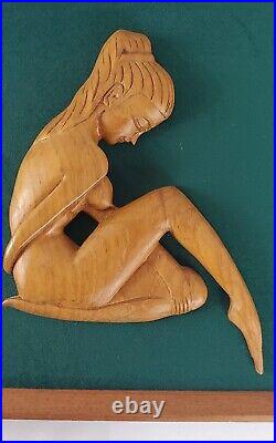 MCM Carved Wood Nude Women Wall Sculpture 3 Piece Grouping 3D Framed Art Vintage