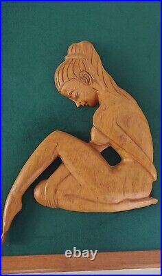 MCM Carved Wood Nude Women Wall Sculpture 3 Piece Grouping 3D Framed Art Vintage