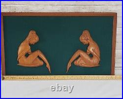 MCM Carved Wood Nude Women Wall Sculpture 3 Piece Grouping 3D Framed Art Vintage