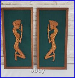 MCM Carved Wood Nude Women Wall Sculpture 3 Piece Grouping 3D Framed Art Vintage