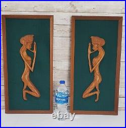 MCM Carved Wood Nude Women Wall Sculpture 3 Piece Grouping 3D Framed Art Vintage