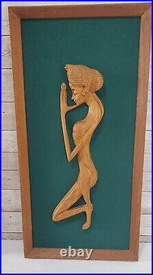 MCM Carved Wood Nude Women Wall Sculpture 3 Piece Grouping 3D Framed Art Vintage