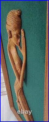 MCM Carved Wood Nude Women Wall Sculpture 3 Piece Grouping 3D Framed Art Vintage