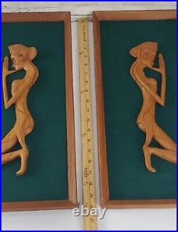 MCM Carved Wood Nude Women Wall Sculpture 3 Piece Grouping 3D Framed Art Vintage