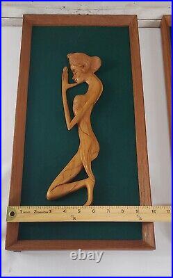 MCM Carved Wood Nude Women Wall Sculpture 3 Piece Grouping 3D Framed Art Vintage