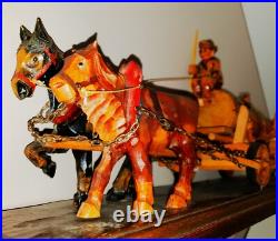 MCM Folk Art Sculpture in Wood Found Objects Oktoberfest Anri Style Horses Wagon