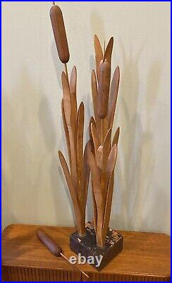 MCM Wood Cattail Carved Sculpture Signed Alajos Acs Chicago 31 Read Descp