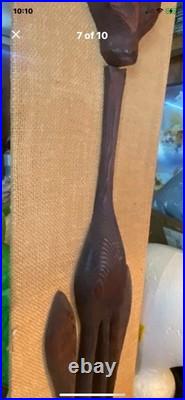 MCM Wooden Siamese Cat Artisan Wall Hanging Hand Carved Signed Burlap Bavkground