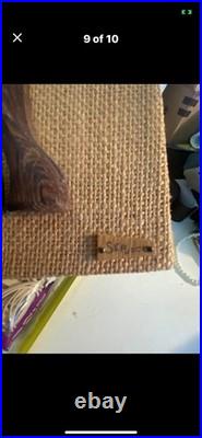 MCM Wooden Siamese Cat Artisan Wall Hanging Hand Carved Signed Burlap Bavkground