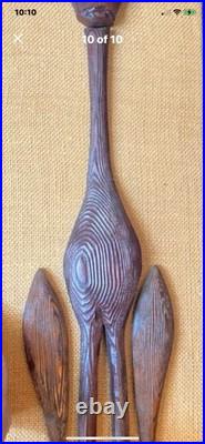 MCM Wooden Siamese Cat Artisan Wall Hanging Hand Carved Signed Burlap Bavkground