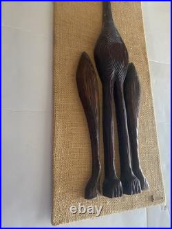 MCM Wooden Siamese Cat Artisan Wall Hanging Hand Carved Signed Burlap Bavkground