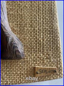 MCM Wooden Siamese Cat Artisan Wall Hanging Hand Carved Signed Burlap Bavkground