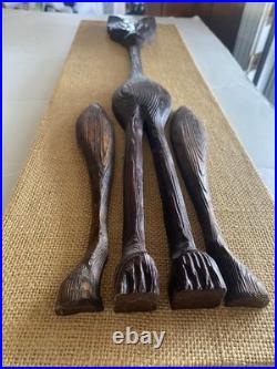 MCM Wooden Siamese Cat Artisan Wall Hanging Hand Carved Signed Burlap Bavkground