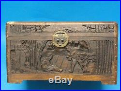 MID Century Chinese High Relief Wood Carving Camphor Chest Brass Fitting