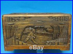 MID Century Chinese High Relief Wood Carving Camphor Chest Brass Fitting