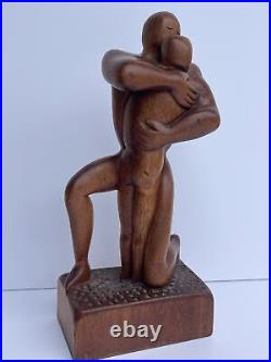 MID Century Sculpture Vintage Wood Carving Modernism Signed R 1960's Embrace