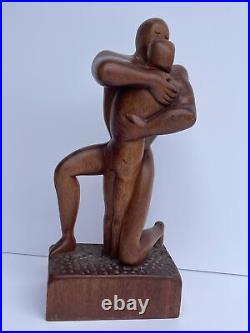 MID Century Sculpture Vintage Wood Carving Modernism Signed R 1960's Embrace