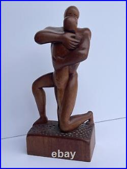 MID Century Sculpture Vintage Wood Carving Modernism Signed R 1960's Embrace