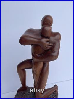 MID Century Sculpture Vintage Wood Carving Modernism Signed R 1960's Embrace