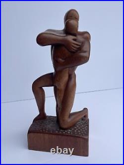 MID Century Sculpture Vintage Wood Carving Modernism Signed R 1960's Embrace