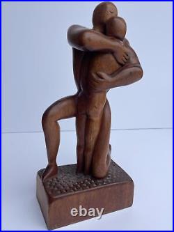 MID Century Sculpture Vintage Wood Carving Modernism Signed R 1960's Embrace