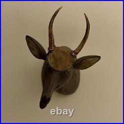 Magnificent & Unusual Folk Art Wood Sculpture of Deer Head With Real Antlers