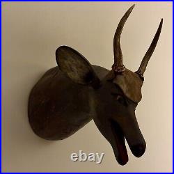 Magnificent & Unusual Folk Art Wood Sculpture of Deer Head With Real Antlers