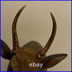 Magnificent & Unusual Folk Art Wood Sculpture of Deer Head With Real Antlers