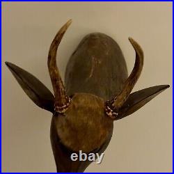 Magnificent & Unusual Folk Art Wood Sculpture of Deer Head With Real Antlers