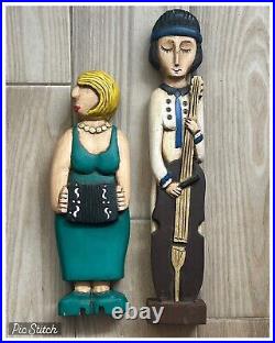 Malin Artisticos Jazz Band Musicians Hippie Couple Signed 1970 Wood Carving MCM