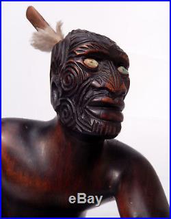Maori Warrior Taiaha Heru Carved Wood Sculpture Early 20thC Signed Vintage NZ