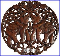 Medallion Tropical Wood Carved Lucky Elephants Home Decor Wall Plaque Brown 24