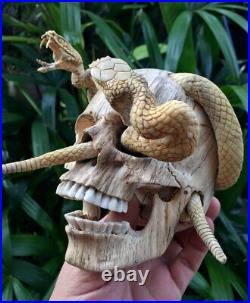 Medusa Skull Carved Sculpture Wood Human Skull Snake Skull Realistic Unique