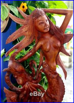 Mermaid Octopus Kraken Sculpture Wood Carving Bali Statue Handmade Nautical Art