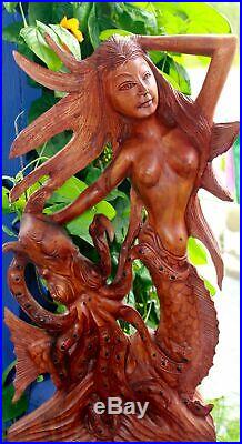 Mermaid Octopus Kraken Sculpture Wood Carving Bali Statue Handmade Nautical Art