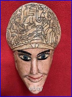 Mexican Folk Art Old Carved Conch Shell & Wood Priest Mask From Ometepec