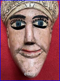 Mexican Folk Art Old Carved Conch Shell & Wood Priest Mask From Ometepec