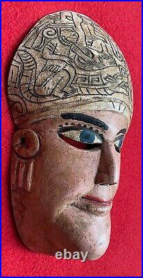 Mexican Folk Art Old Carved Conch Shell & Wood Priest Mask From Ometepec