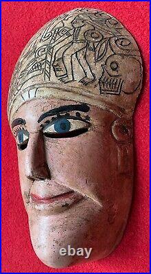 Mexican Folk Art Old Carved Conch Shell & Wood Priest Mask From Ometepec