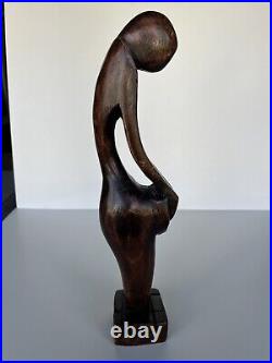 Mid Century Abstract Hand Carved Patinated Wood Figurine Sculpture