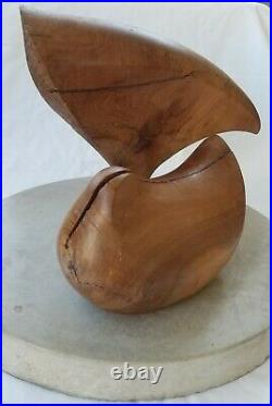 Mid Century Modern Abstract Carved Wooden Sculpture, Cement Base