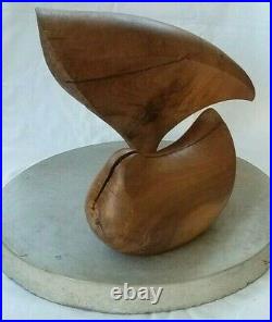 Mid Century Modern Abstract Carved Wooden Sculpture, Cement Base